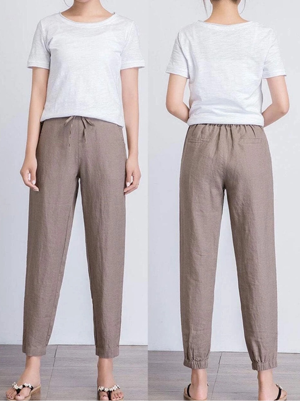 IXIMO 100% Linen Jogger Pants Taupe Drawstring Elastic Ankle Small NWT